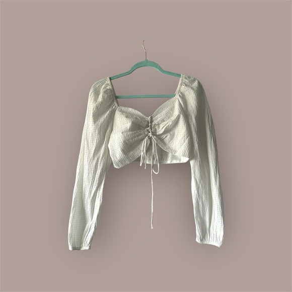 Topshop Cream Long Sleeve Ruched Crop Blouse - Picture 1 of 4